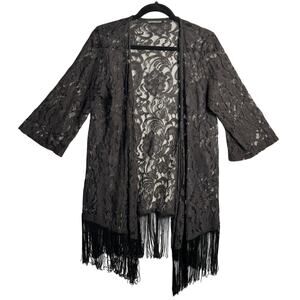 You Are Not Alone Sz Large Black Lace Fringe Hem Robe Kimono Cardigan whimsygoth